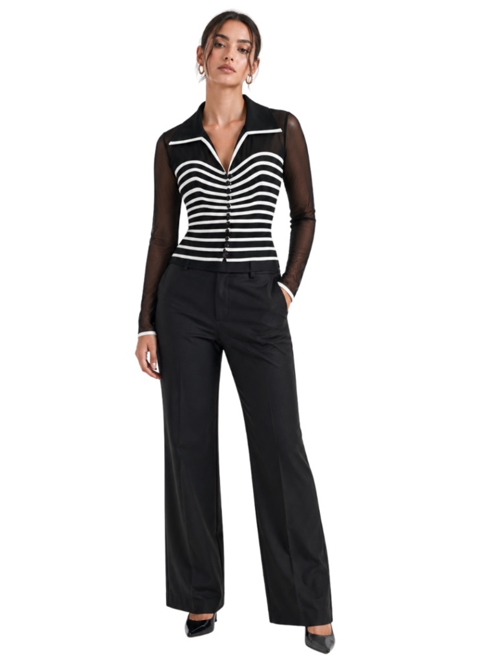 JS Collections Black & White Faux Striped Corset Blouse w Mesh Sleeves & Buttons